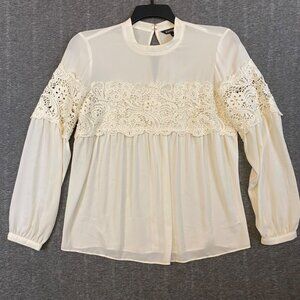 Express Cream Long Sleeve Crochet Lace Blouse Medium Keyhole Back Womens Top